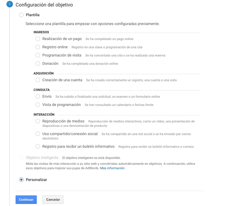 Configuración de objetivo Analytics Configuración de objetivo Analytics